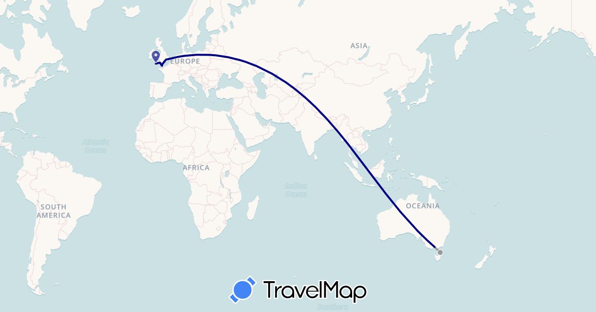 TravelMap itinerary: driving, plane in Australia, United Kingdom, Guernsey (Europe, Oceania)